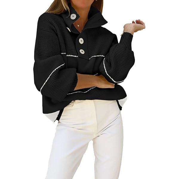 chouyatou Women's Slouchy Waffle Knit Sweater 1/2 Button Polo